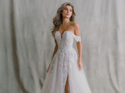 Elegantes Brautkleid mit Spitzen-Details und off-Shoulder-Design.