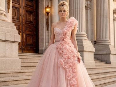 Elegantes Brautkleid mit floraler Verzierung vor historischen Gebäuden.