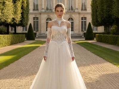 Elegantes Hochzeitskleid mit Spitzenärmeln vor Schloss im Garten.