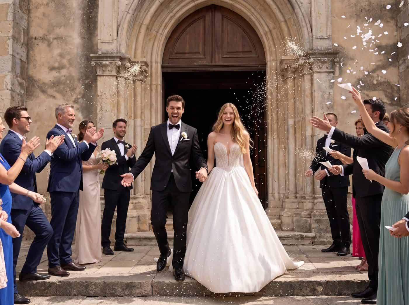 Hochzeitspaar verlässt Kirche, umgeben von jubelnden Gästen bei einer kirchlichen Trauung.